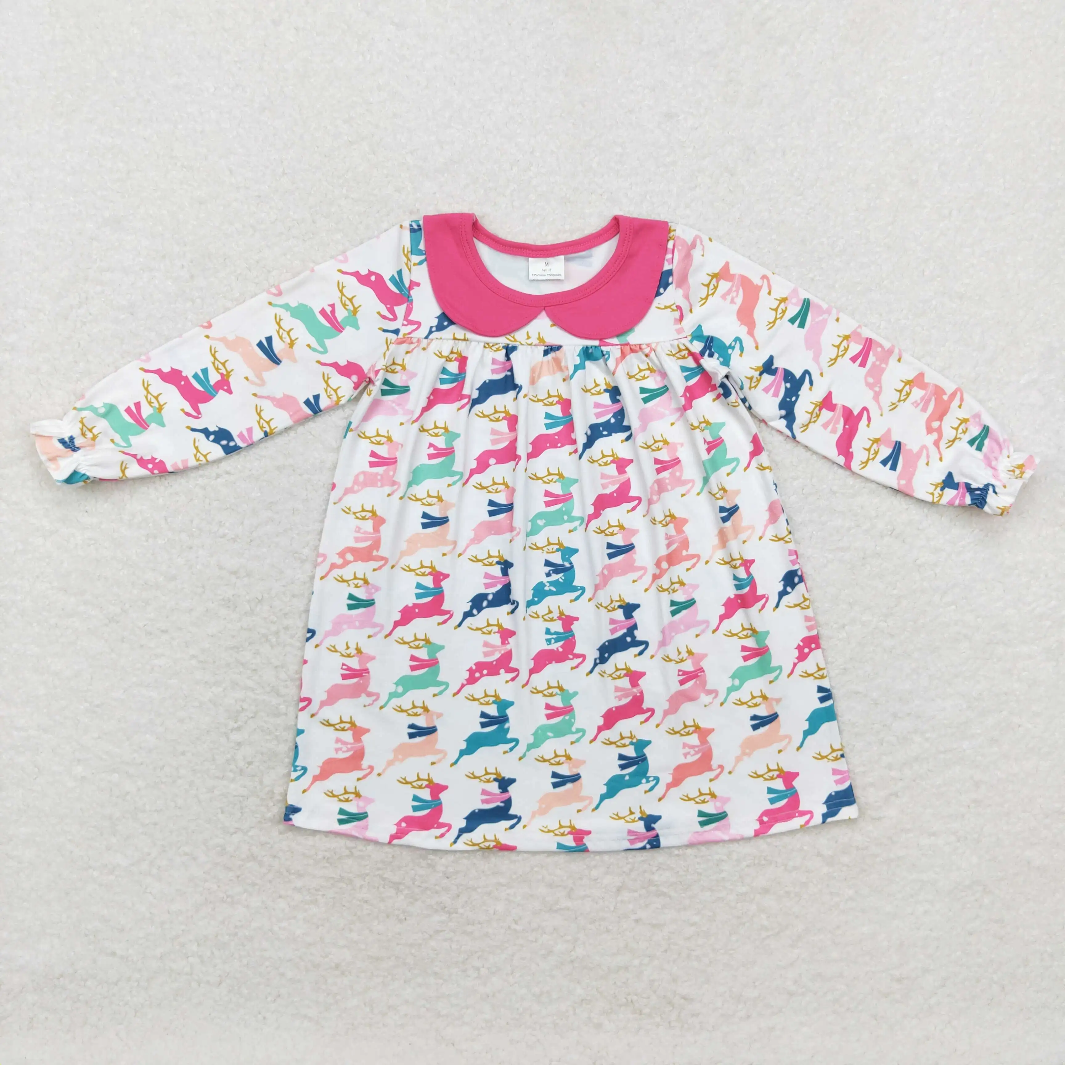 

GLD0648 Summer kids clothes girl Boutique girls dresses Colorful reindeer white long sleeve dress Wholesale baby girl clothes