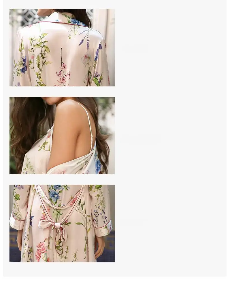 New summer silk spray-painted bathrobe for women, 100% mulberry silk nightdress and bathrobe two-piece set, light luxury loungew