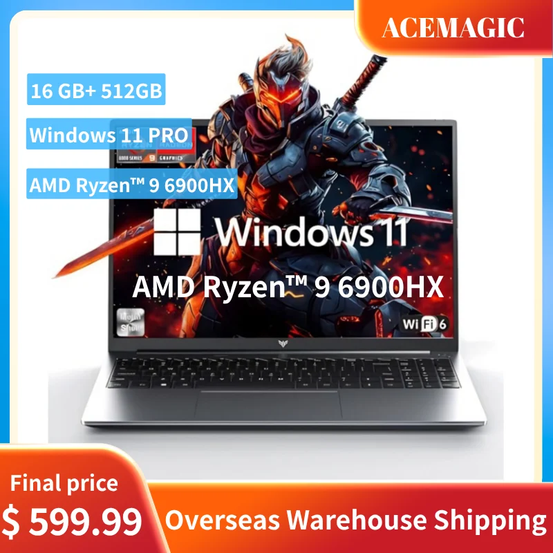 ACEMAGIC 16" FHD Laptop AMD Ryzen 9 6900HX Laptop 16GB DPDDR5 RAM 512GB SSD Backlit Keyboard Full-Featured Office Gamin Notebook