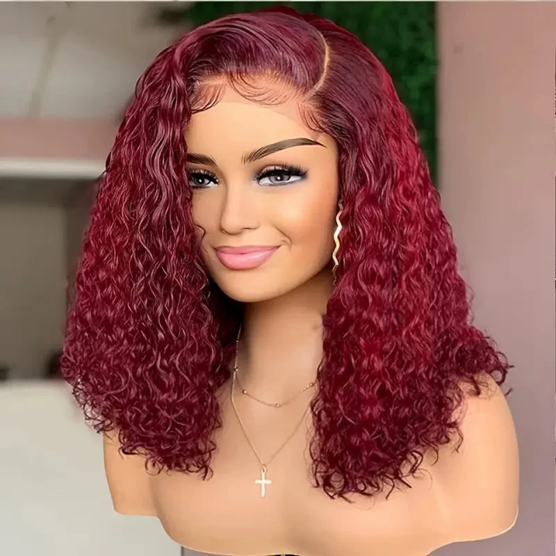 Perruque Bob Lace Frmetals Courte et Bouclée pour Femme Noire, Cheveux Humains, Vin Rouge, Bordeaux 99J, 13x4