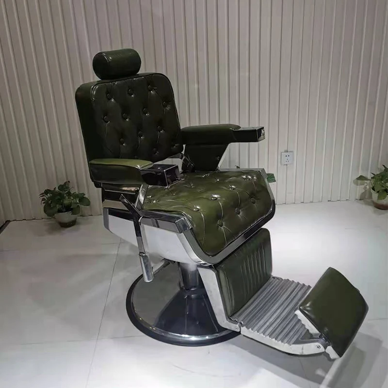 Dark Green Tufted Barber Chair, Hydraulic Reclining Salon Chair with Footrest, Heavy Duty Men Haircut Shaving Chair for Barbersh