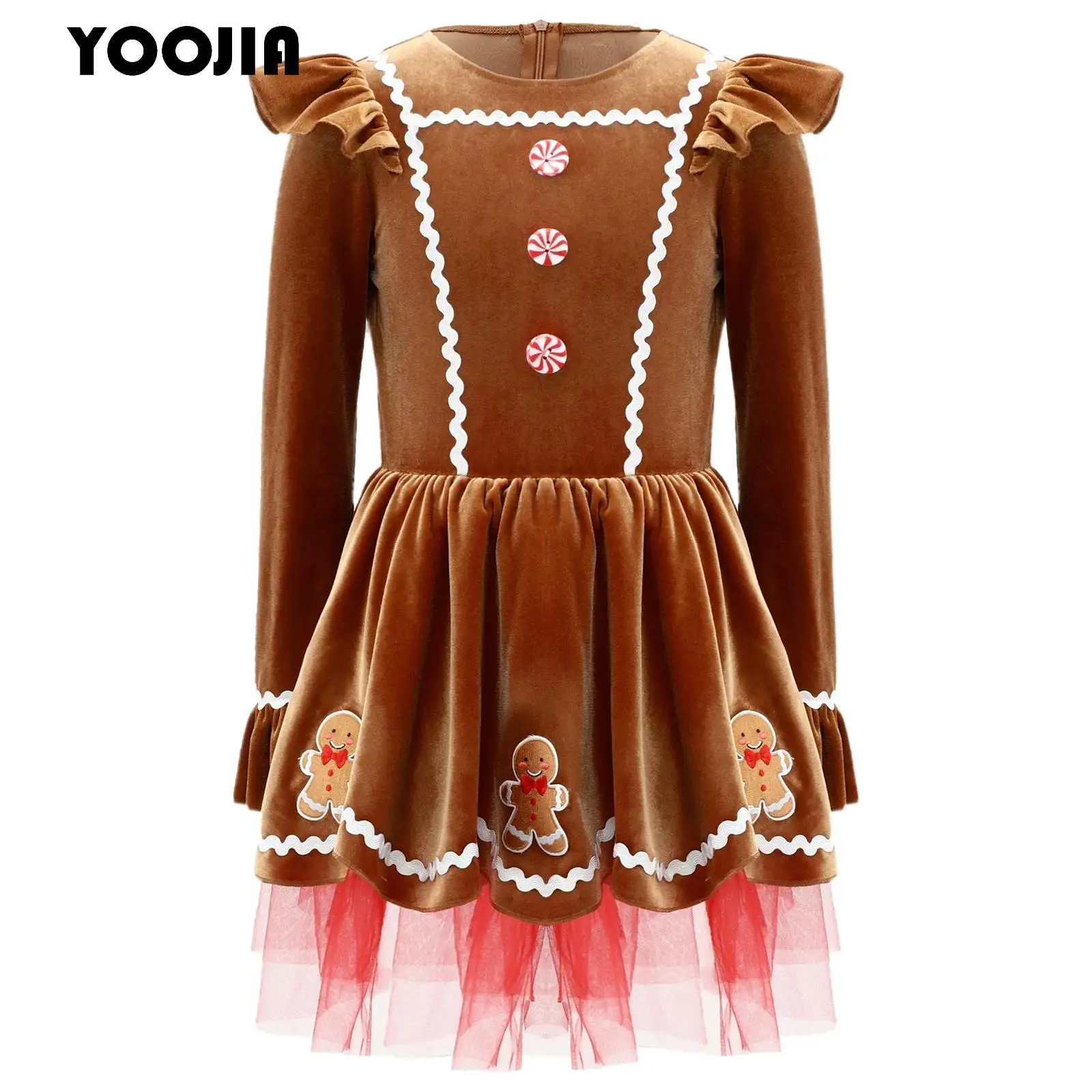 

Girls Christmas Gingerbread Man Costume Xmas Party Carnival Halloween Cosplay Clothes Long Sleeve Velvet Tutu Dress Dance Wear