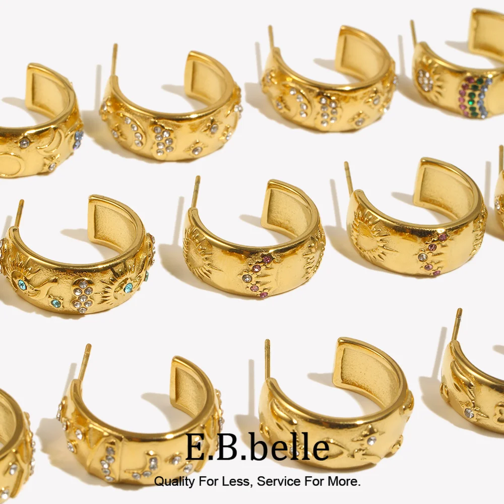 E.B.belle New Design Lover World Tarot Cards Series Stud Earrings 18K Gold Plated Stainless Steel C-shape Women‘s Ear Jewelry