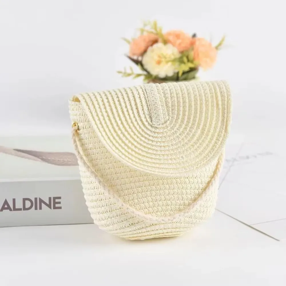 Bohemia Shell Shape Children Straw Bag Handmade Pure Color Woven Crossbody Bag Half Round Creative Handwoven Beach Bag Women