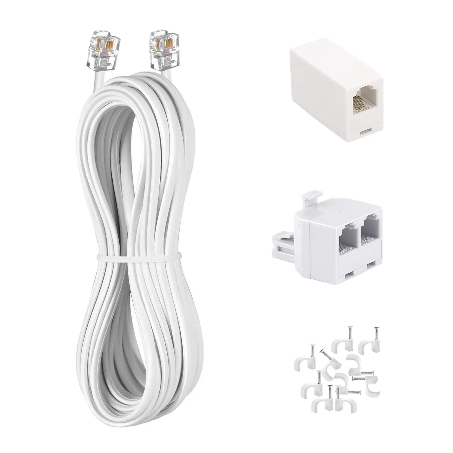 15FT Telephone Cable with RJ11 Plug, Includes Splitter, Coupler and 10 Cable Clips