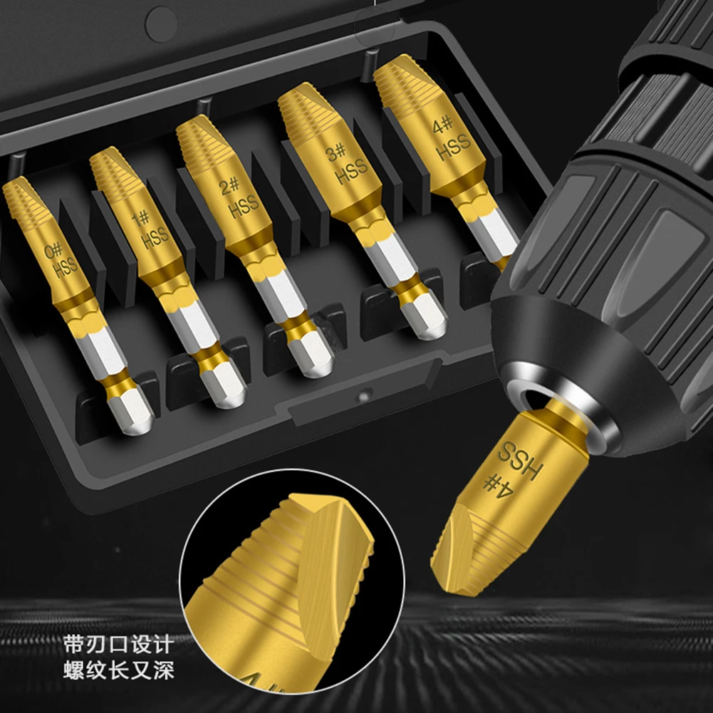 

5pcs Easily Take Out Demolition Tools Hex Handle Damaged Screw Extractor Drill Bits Reverse Screw Remover Tools