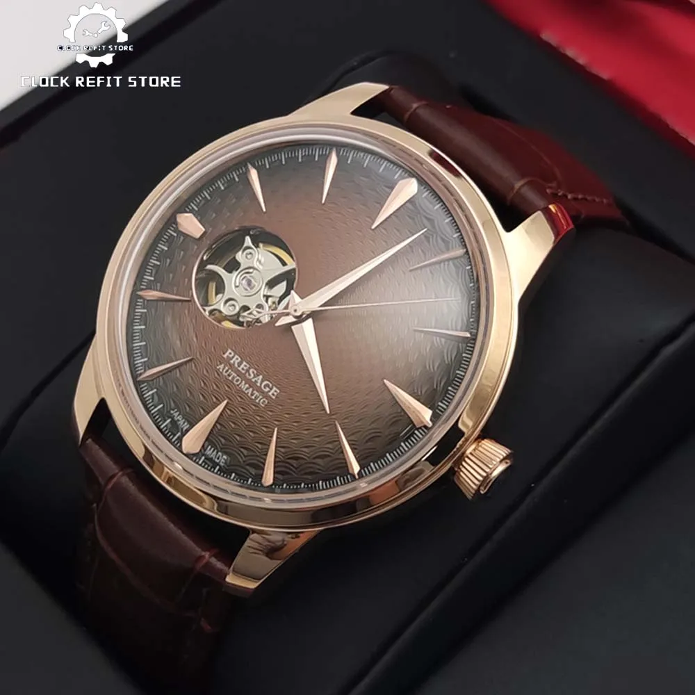 Stylish Cool Men's Business Rose Gold Watch, Brown Leather Strap, Transparent Case Back, Men's Automatic Mechanical Watch
