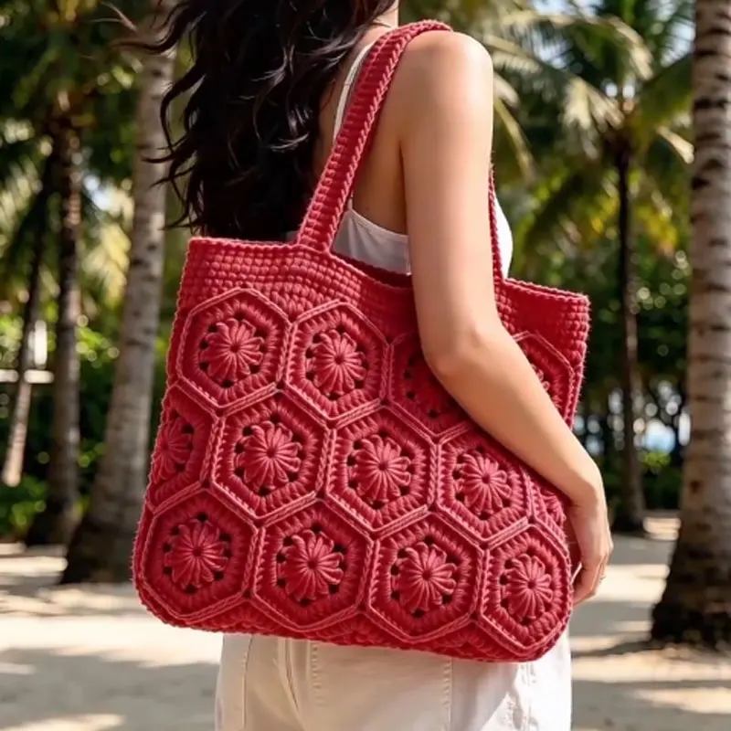 Handmade crocheted patchwork shoulder bag, water red backpack, fashionable and beautiful, solid color shopping bag with lining,