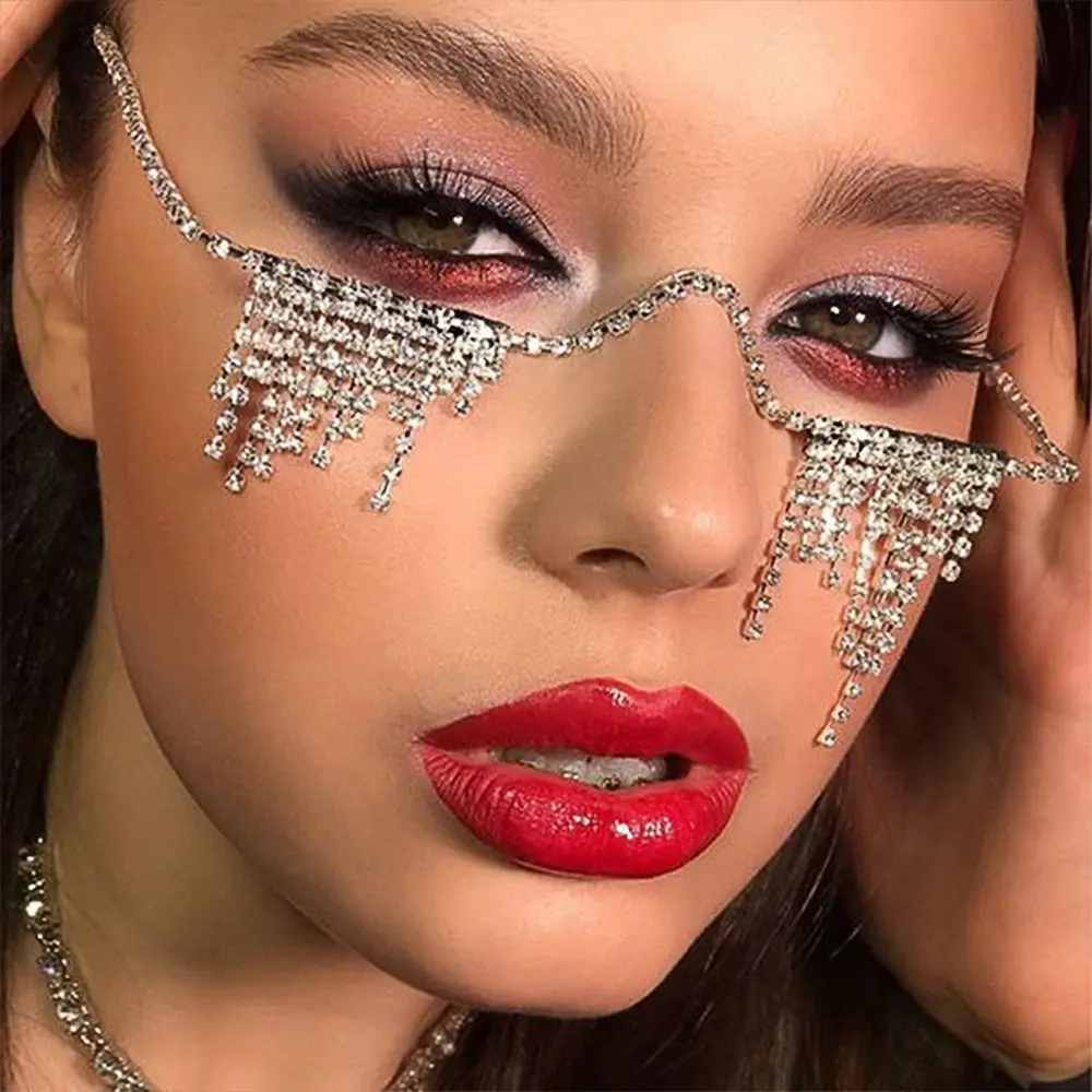 Foldable Tassel Rhinestone Eyeglass Frame Crystal No Lens Metal Glasses Frames Face Jewelry Geometric Half Frame Glasses Chain