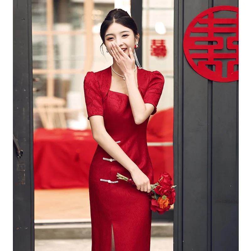 

Yourqipao Summer Red Bride Toast Dress Lace Cheongsam Engagement Dress Skirt Chinese Style Wedding Dress Qipao Hanfu for Women