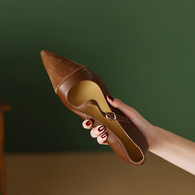 Retro Brown Pointed Single Shoe Women's Soft Leather New Flat Heel Shallow Mouth Scoop Shoe Single Buckle French Flat Sole