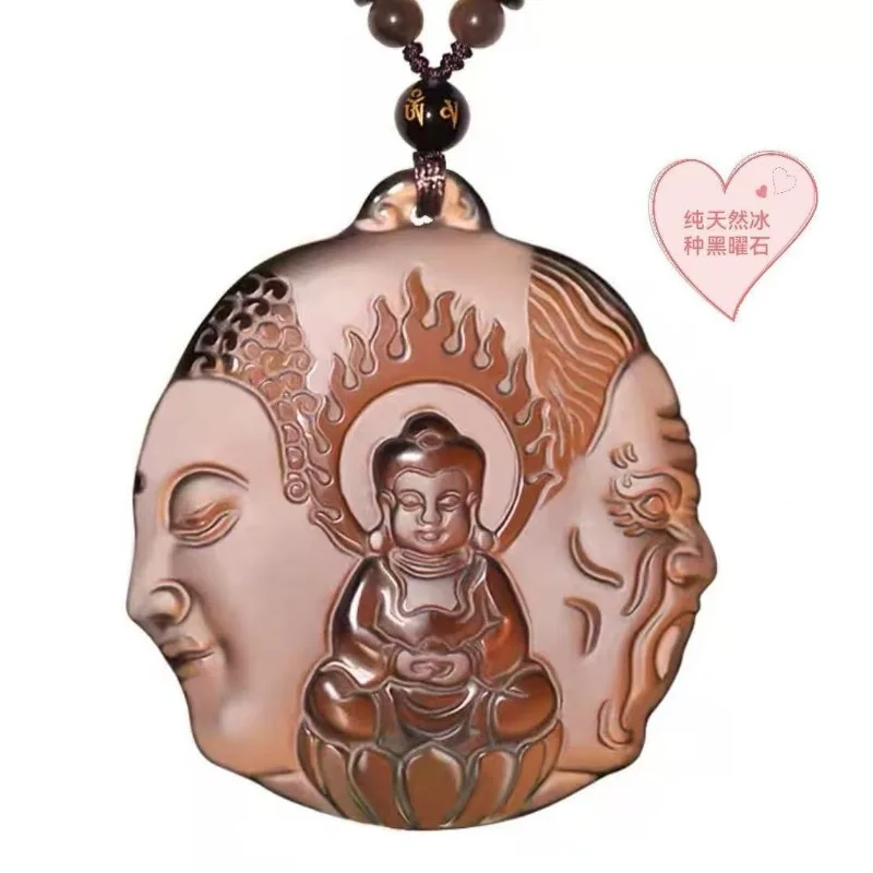Natural Ice Seeded Obsidian Hand Carved Buddha Magic Jade Pendant Fashion Boutique Jewelry Men's and Women's One Idea Necklace