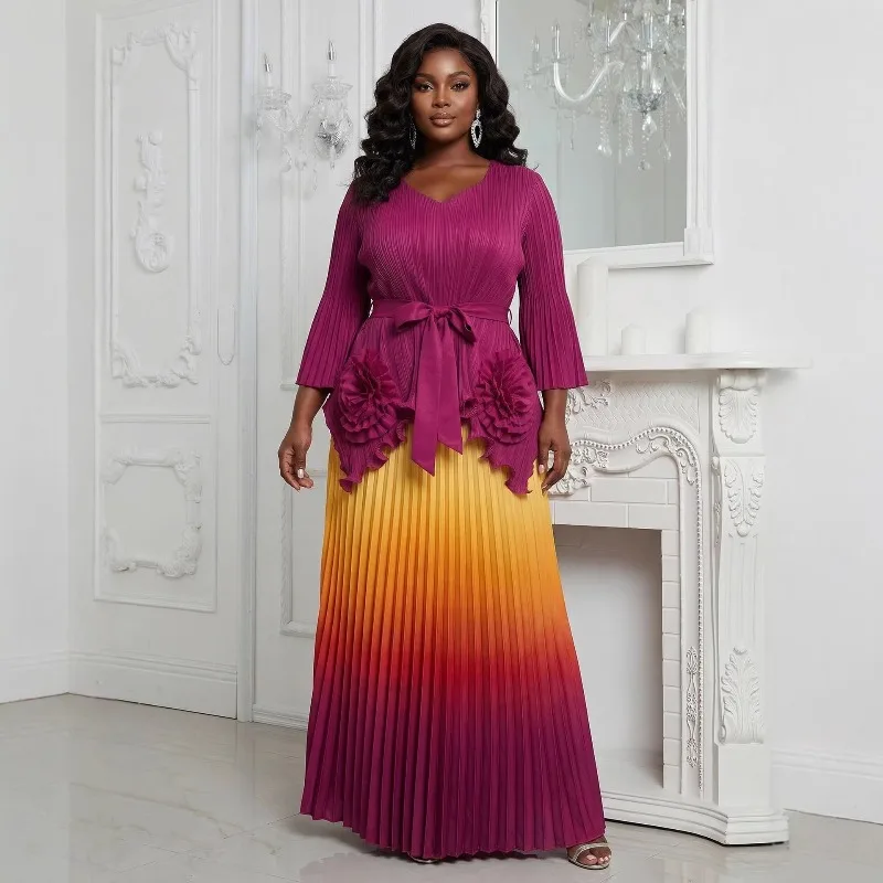 Conjunto Miyake Africano Talla Grande 2026, Camiseta de Manga Larga, Falda Elástica con Degradado de Color, 2 Piezas, Ropa Europea para Mujer