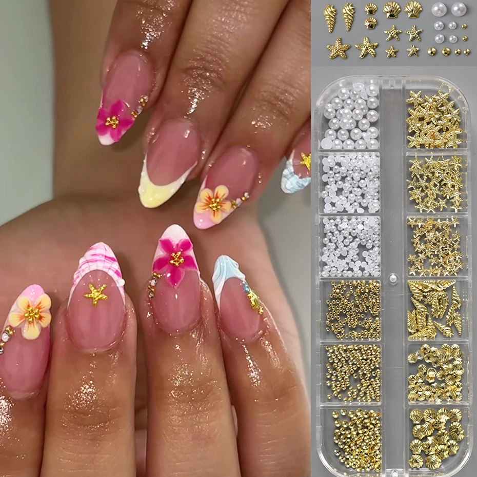 

12 Grids Golden Sea-Themed Studs Nail Art Charms 3D Starfish & Shell Golden Bead white Beige Nail RhinestonesNail Charms DIY