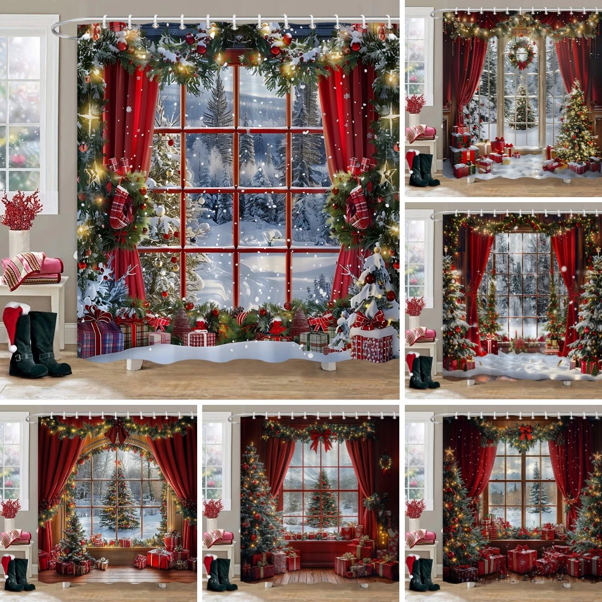 Christmas Decoration Shower Curtain Winter Snow Scene Christmas Tree Christmas Gifts Polyester Shower Curtains Bathroom Decor