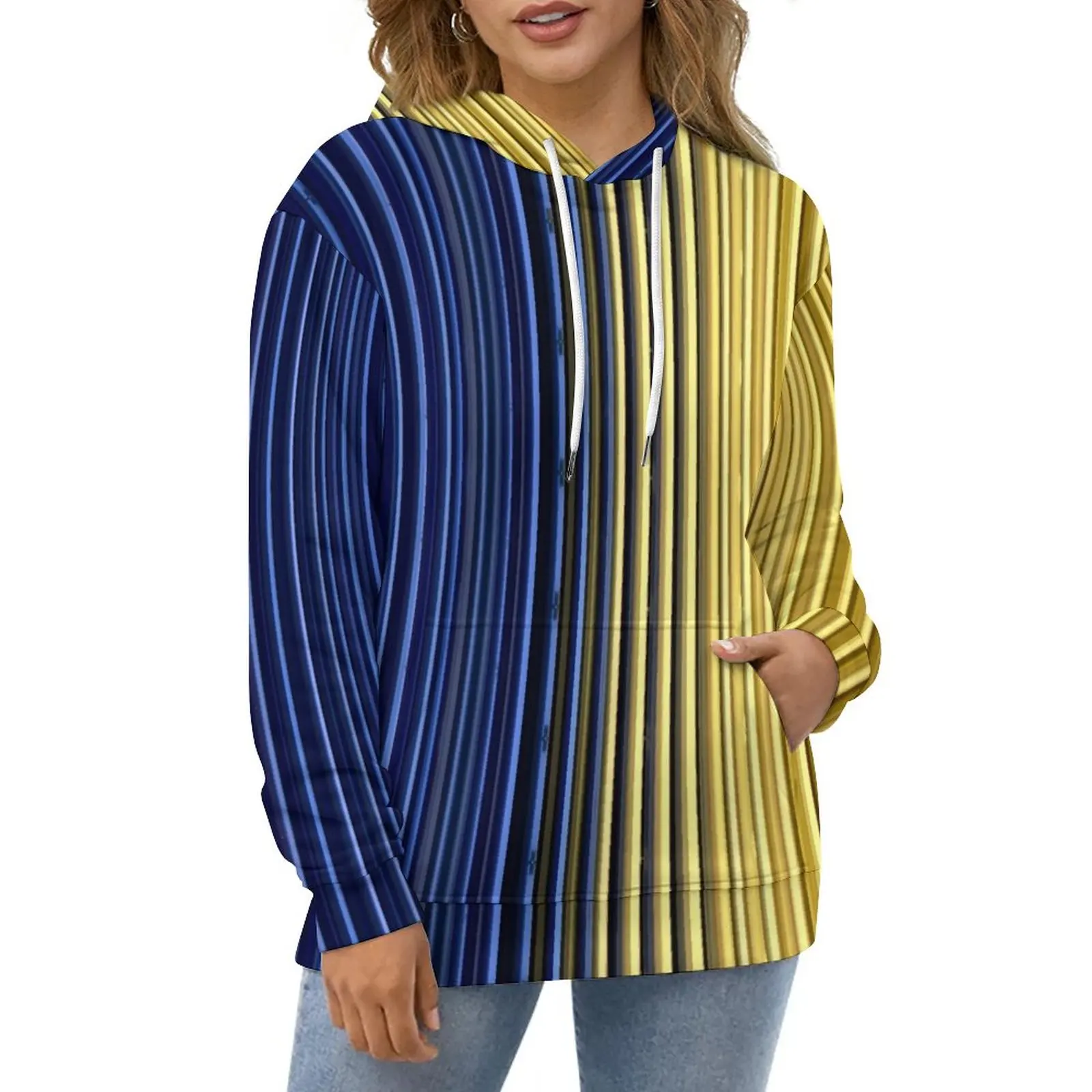 Yellow Blue Striped Hoodies Two Tone Street Style Casual Hoodie Long-Sleeve Aesthetic Design Sweatshirts Gift Idea