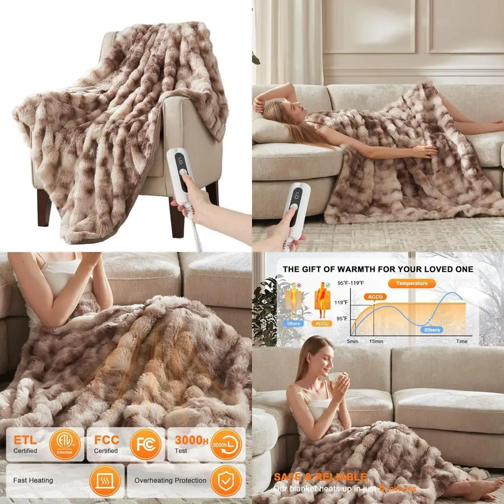 

Plush Bubble Faux Fur Electric Blanket, 6 Heat Levels, 4-Hour Auto-Off, Machine Washable, 50x60 Taupe Pattern