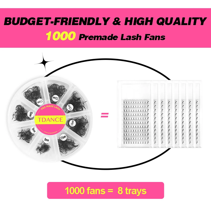 TDANCE 1000 Fans Loose Fan Mixed Length Pointy Base Premade Fans Sharp Thin Slim Medium Stem Volume Russian Eyelashes Extensions