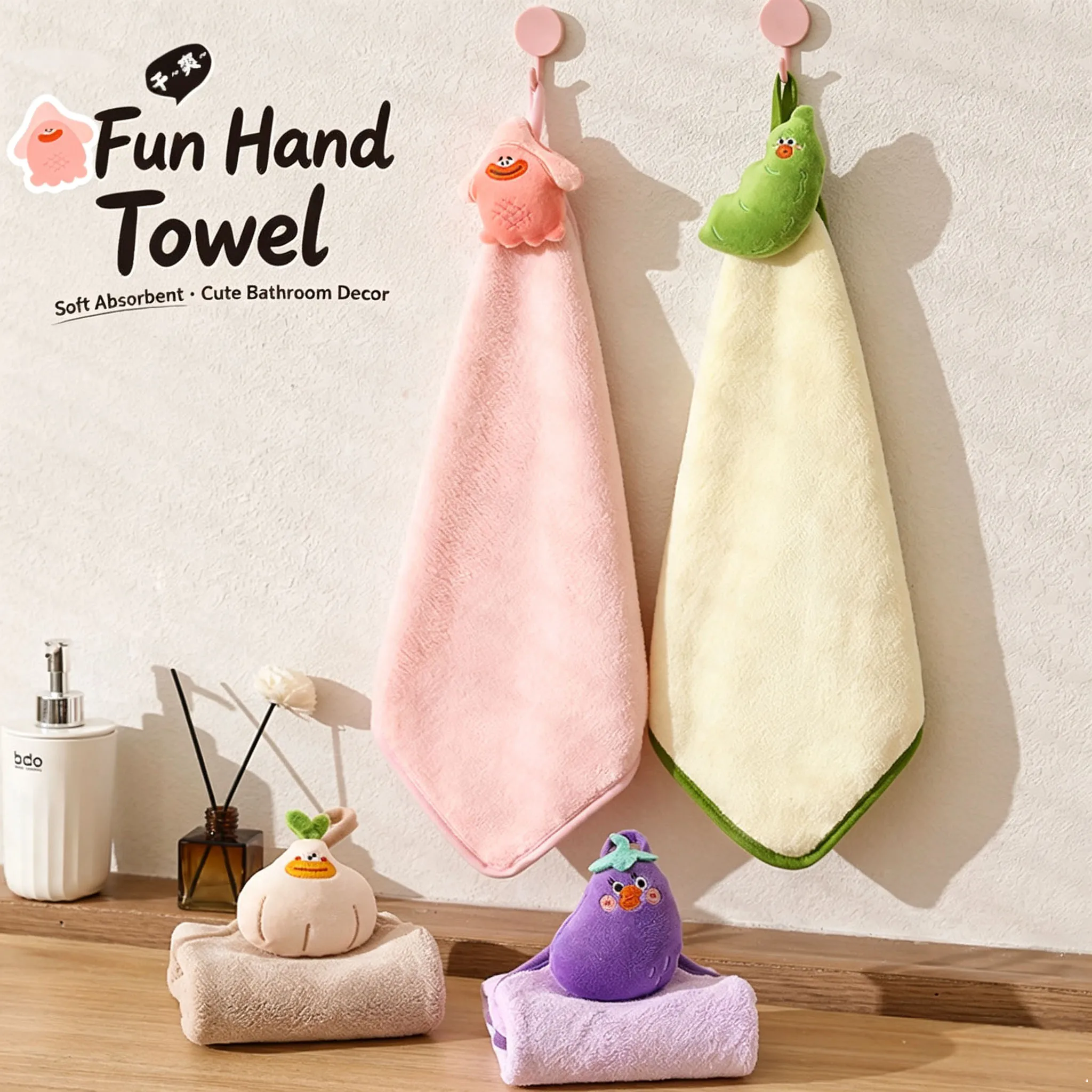 Cute Cartoon Vegetable Hanging Hand Towel,Soft Absorbent Quick‑Drying Coral Fleece Kitchen Bathroom Wipe Cloth,Funny Plush Doll