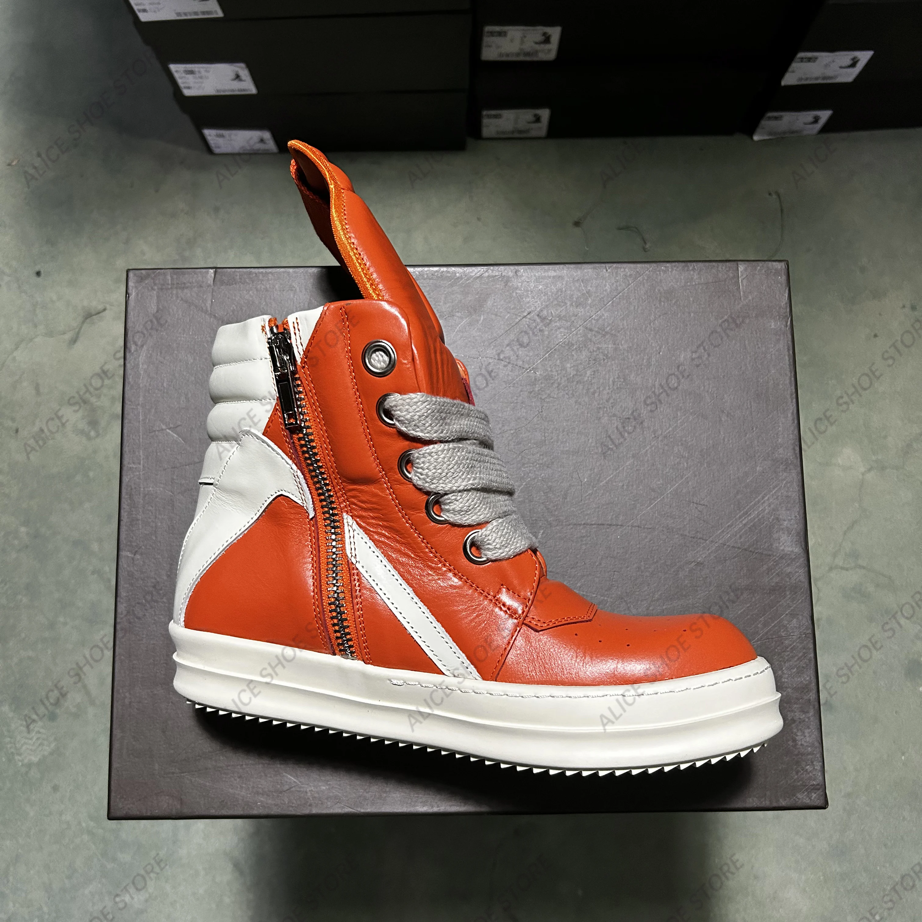 Ricks casual masculino tornozelo bota alta superior feminino tênis de qualidade designer laranja couro owens jumbo rendas rua plana sapato de sola grossa