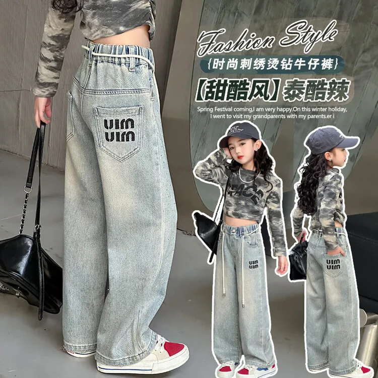 Children's Clothing Girls hot diamond embroidered jeans Korean style loose jeans trousers wear outside Kids Jeans