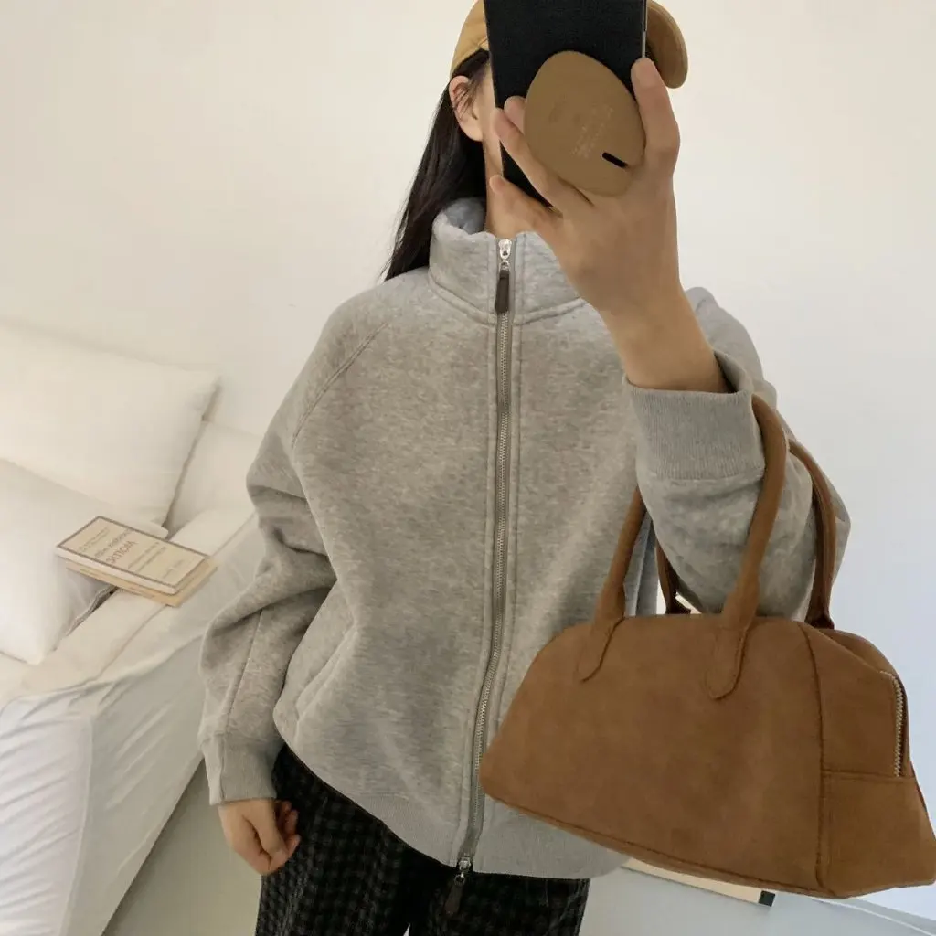 

Women's Leather Standard Lamb Wool Zipper Cardigan B2XH-11263 European American Style Casual Simple Winter Fashion