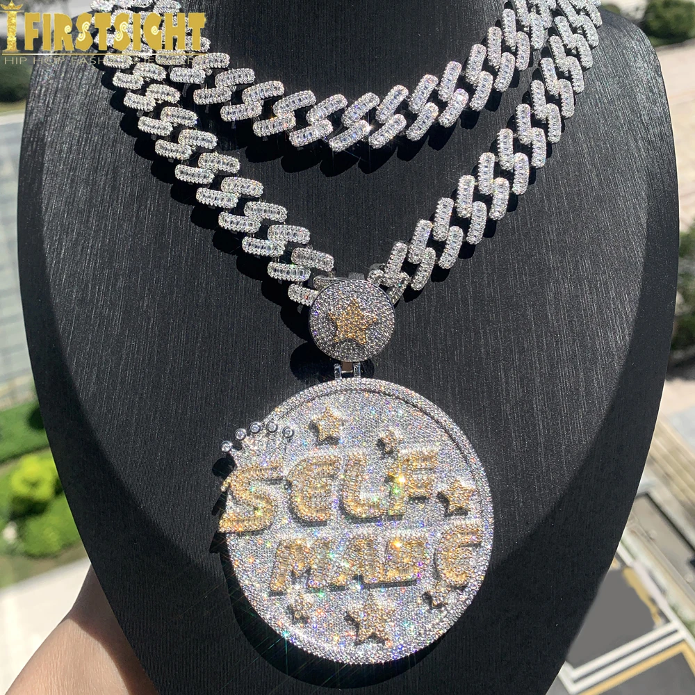 Iced Out Self Made Pendant Necklace Big Silver Color Cubic Zirconia CZ Heavy Chunky Letter Round Star Charm Hip Hop Jewelry