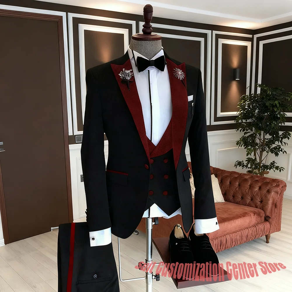 Elegant Man Suit Contrast Color Tuxedo Formal 3-piece Set Single Button Peaked Lapel Banquet Host Ceremony Blazer Outfit