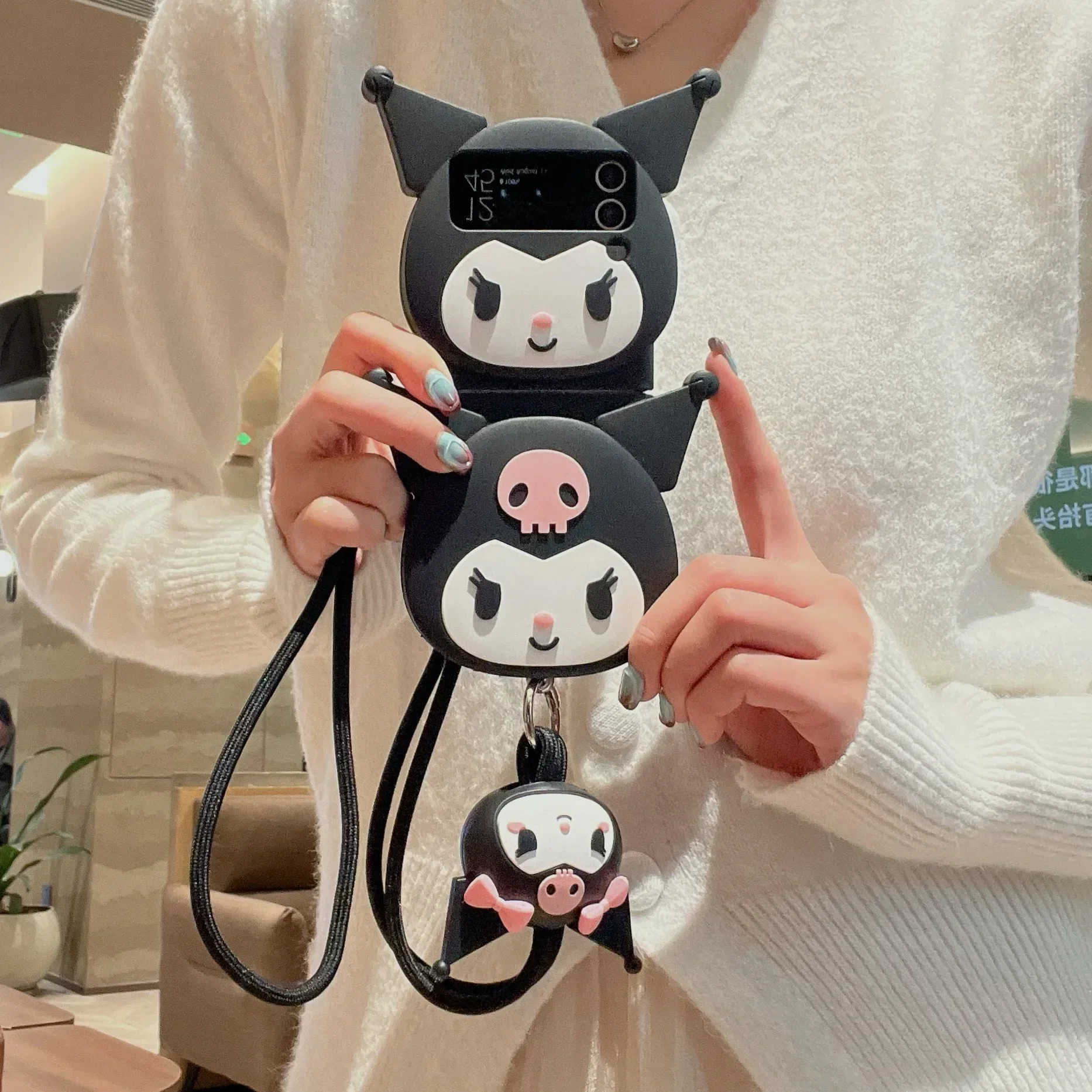 Cute Cartoon Stereoscopic Kuromi with Lanyard Phone Case for Samsung Galaxy Z Flip 3 4 5 5G PC Hard Silica gel Soft Back Cover