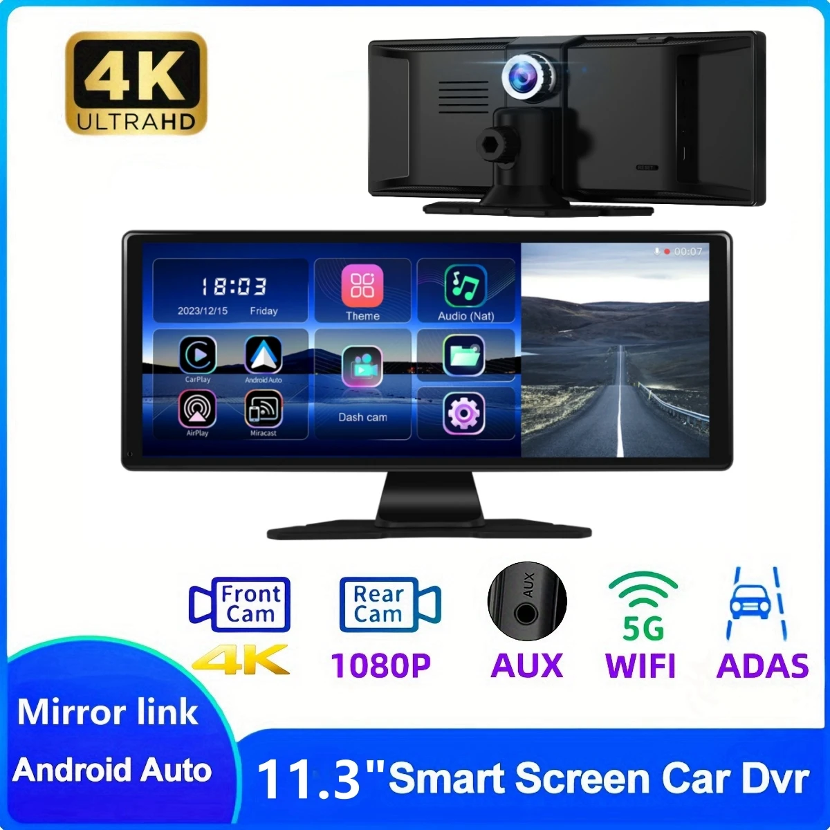 

4K 11.3" Car DVR ADAS WiFi Video Recorder Carplay&Android Auto Center Console Mirror 2160P FHD Rear Lens Video Dash Cam AUX