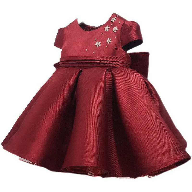 

generous applique Wine Red Child Girl Elegant Dress baby girl 1st birthday party eid Clothing children Piano Performance Costume