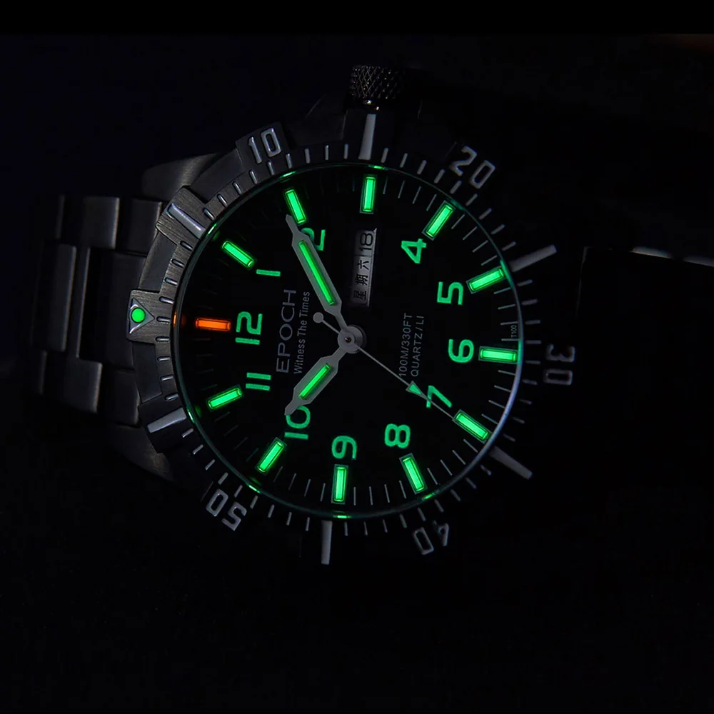 EPOCH Men Military Watch 43mm Sport Quartz Wristwatch Luminous Tubes 10ATM Waterproof Sapphire Mirror Dual Calendar Week Date