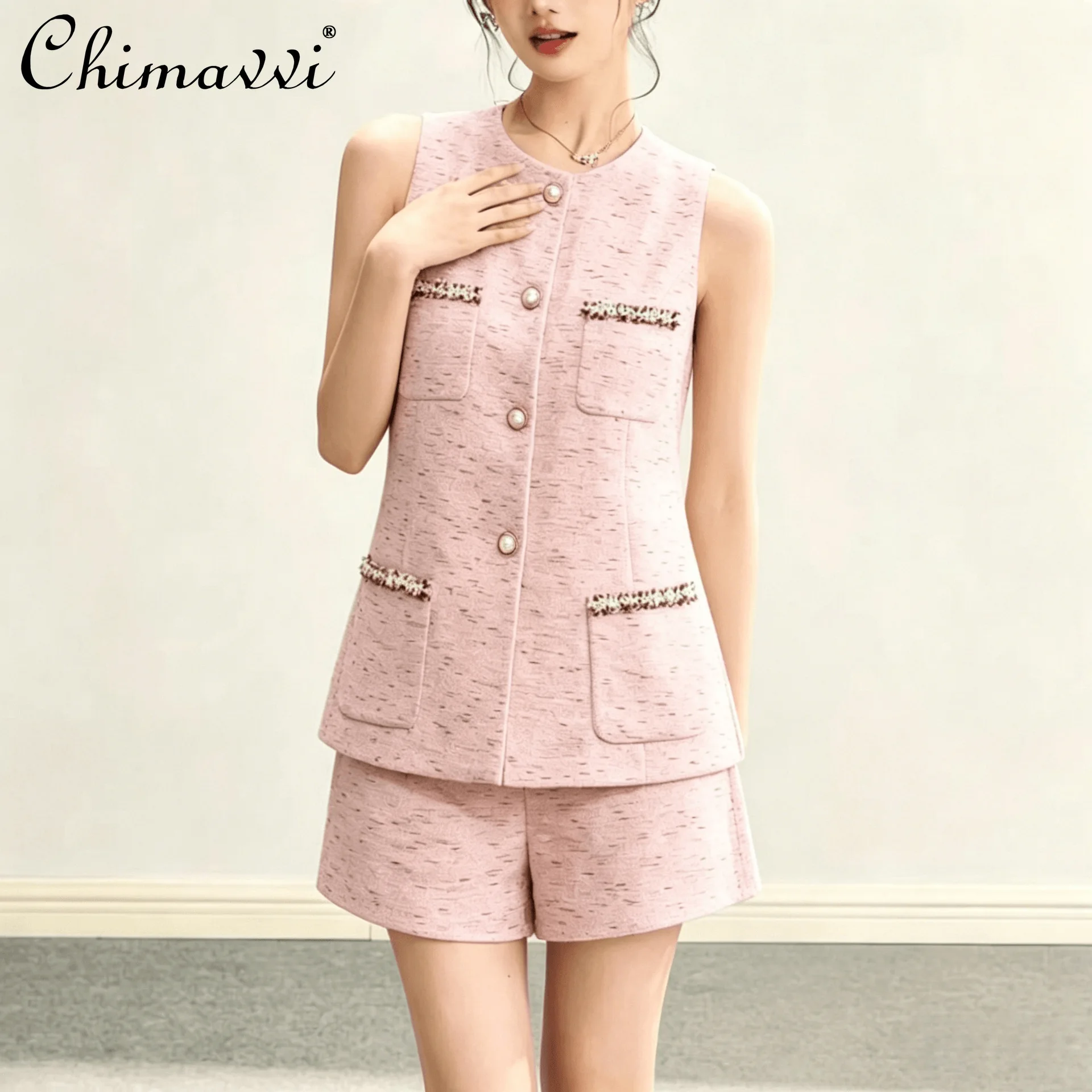 

French Elegant Temperament Socialite Sleeveless Single-breasted Tops High Waist Shorts Pink Two-piece Sets For Women Summer 2026