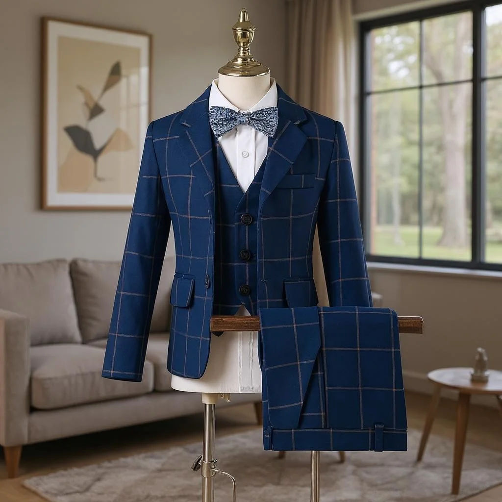Plaid Boys Formal Suit Navy Checkered Children Wedding Tuxedo for Host Piano Performance Birthday Party 3 Pcs Jacket Pants Vest