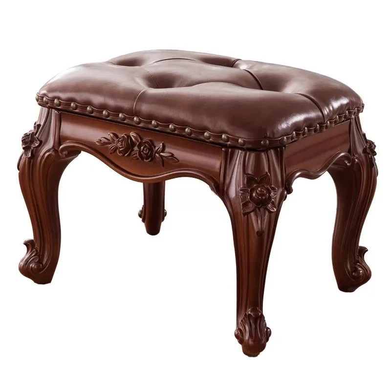 

American low stool living room household all solid wood small square carved leather stool sofa shoe change stool Eur