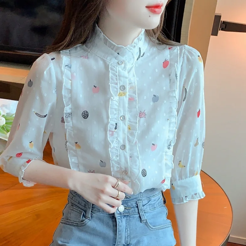 Stand-up Collar Ruffled White Shirt Women 2023 Summer Floral Chiffon Five-point Sleeve Tops Design Casual Blouse 27476