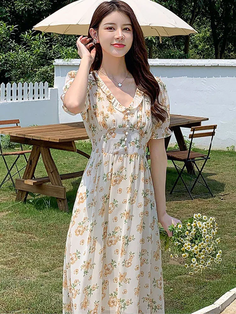 2025 Boho floreale chiffon manica a sbuffo increspato scollo a V abito longuette estate casual vestito da festa donna moda coreana abiti eleganti