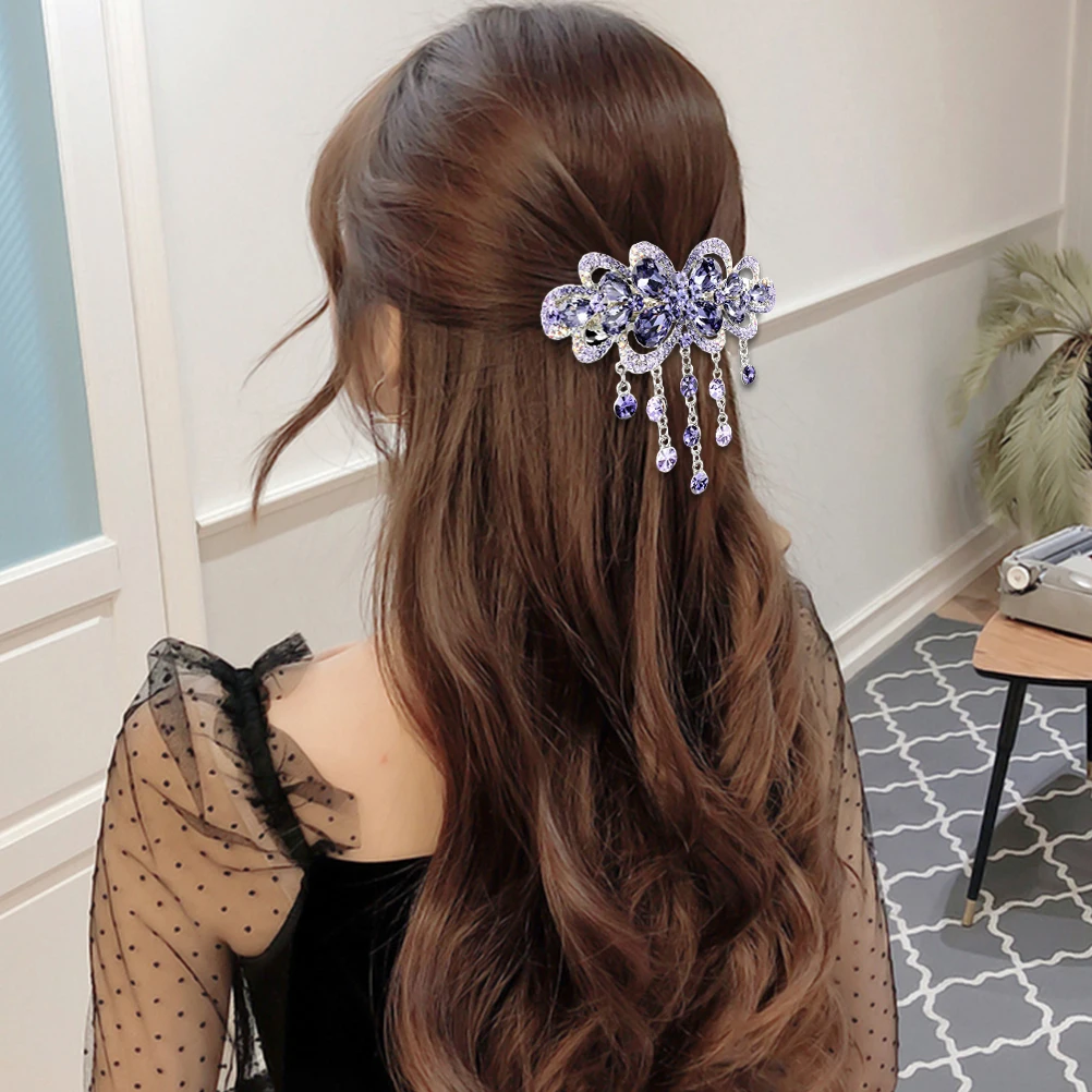 

2Pcs Rhinestone Hair Clip Shiny Tassel Spring Barrette Large Size Retro Elegant Women Bride Party Ceremonies Daily Wear