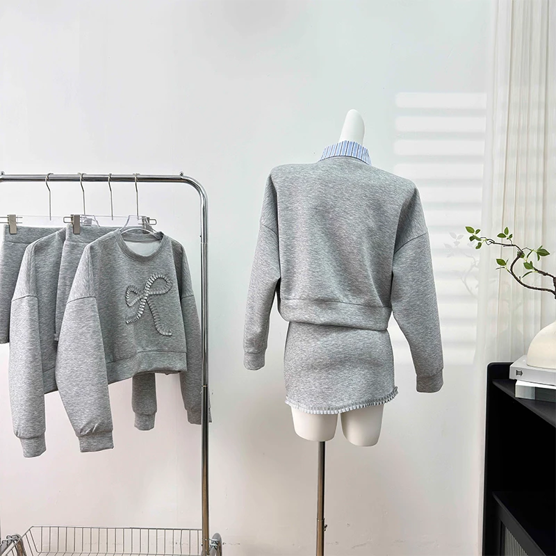 Women Grey Skirt Sets Vintage Long Sleeve Sweatshits with A-Line Mini Skirts Aesthetic Vintage Y2k Two Piece Suit 2000s Clothes