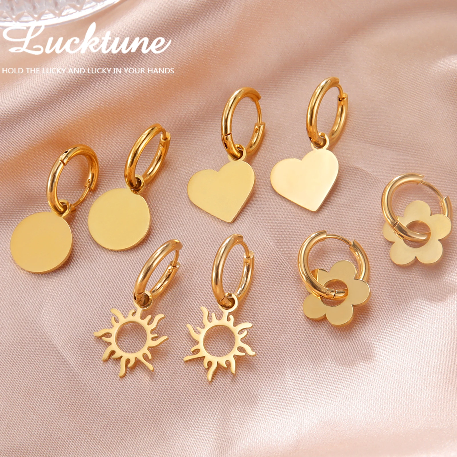 Lucktune Stainless Steel Flower Leaf Heart Drop Earrings Women Geometry Star Sun Totem Hoop Earrings New In Fashion Jewelry Gift