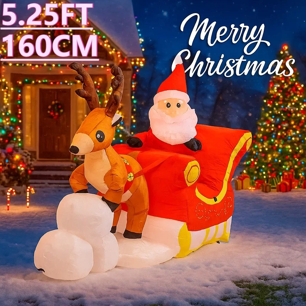 5.3FT LED Light Inflatable Yard Decor Santa Claus Reindeer Sleigh Xmas Toy Supplies Home Decor Ornaments Gifts Christmas Holiday