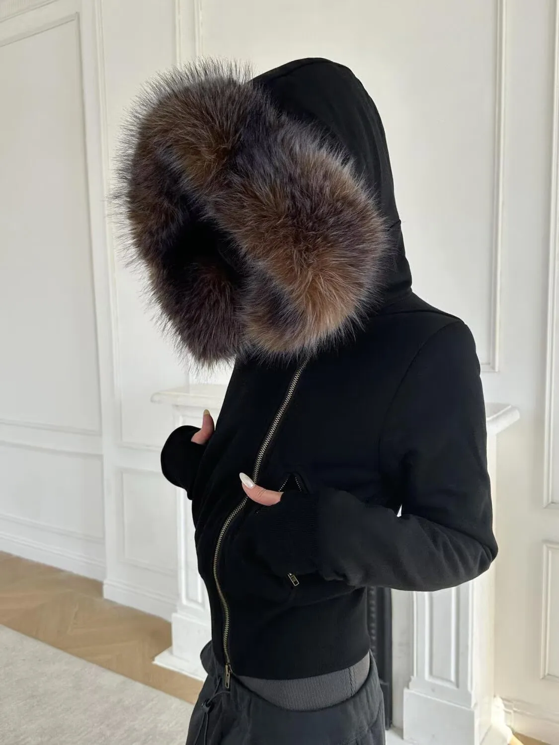 Women American Vintage Fur Lined Hoodie Jacket Slim Fit Short Faux Fur Collar Warm Zip-Up  Autumn Winter Streetwear Parka Coat