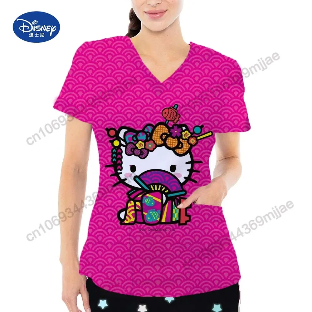 Holle Kitty cartoon pattern fashion Y2k style women's clothes 2024 summer new V-neck design style Woman's T-shirt Nurse Uniform