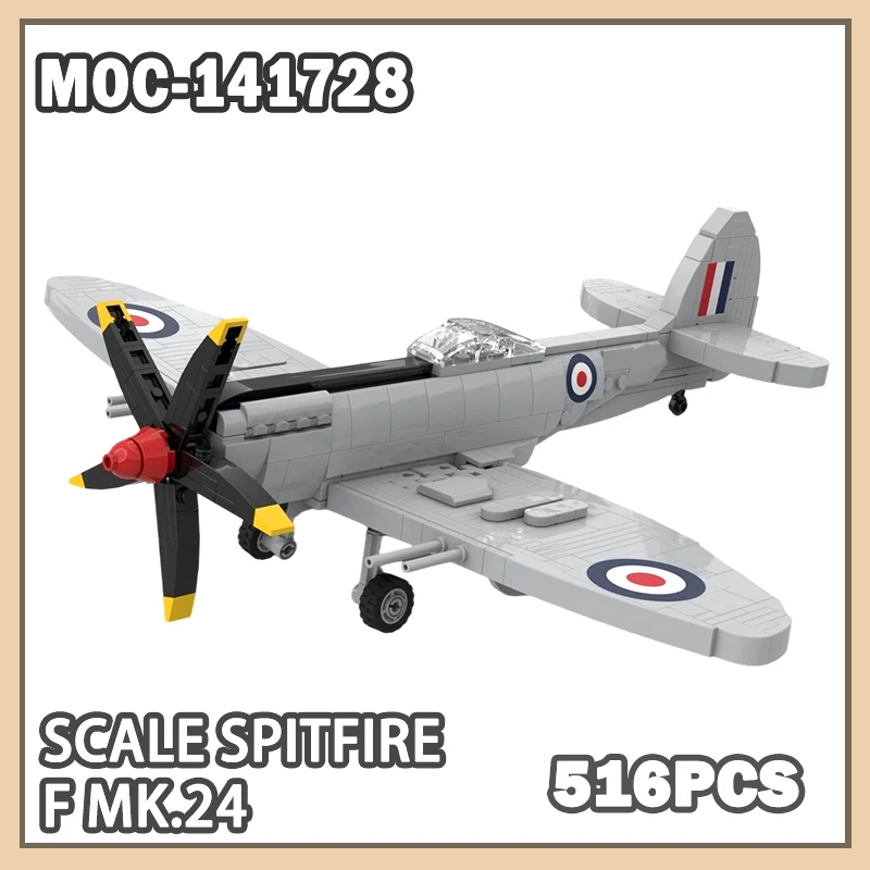 

MOC- 141728 Модель военной войны, масштаб Spitfire F MK.24, набор истребителей Второй мировой войны, креативные подарки, миниатюрные классические DIY, 516 шт.