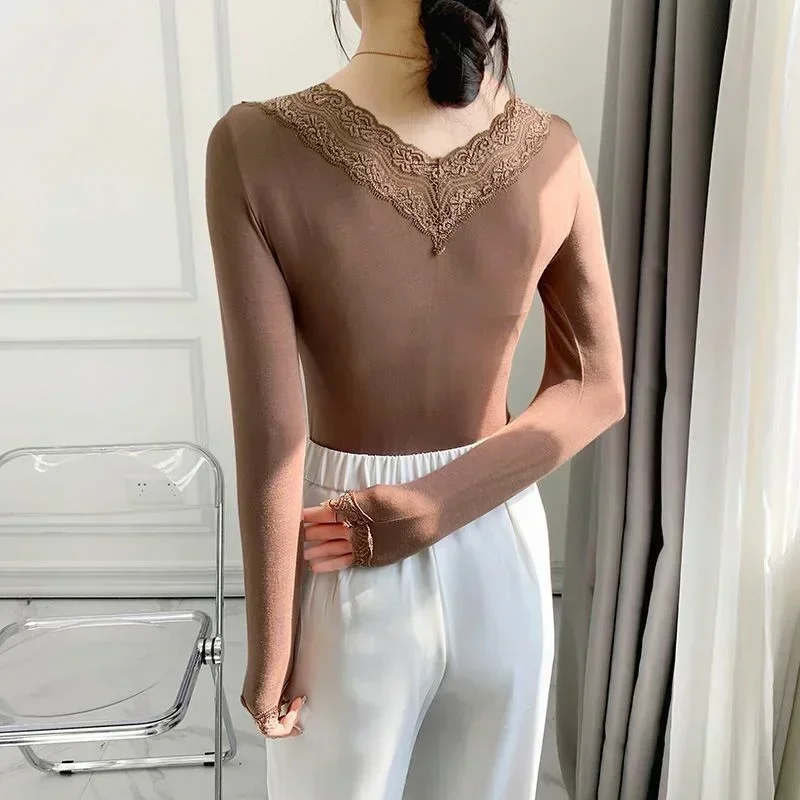 Soft Women Winter Thermal Underwear Long Sleeve Basic Layer Pullovers Velvet Lined Tops Lace V-Neck Blouse Warm Shirt image 5