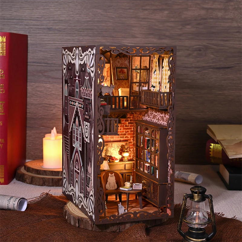 Diy livro de madeira nook prateleira inserção kits modelo em miniatura kit no.9 castelo secreto estante com luz led estantes amigos presentes