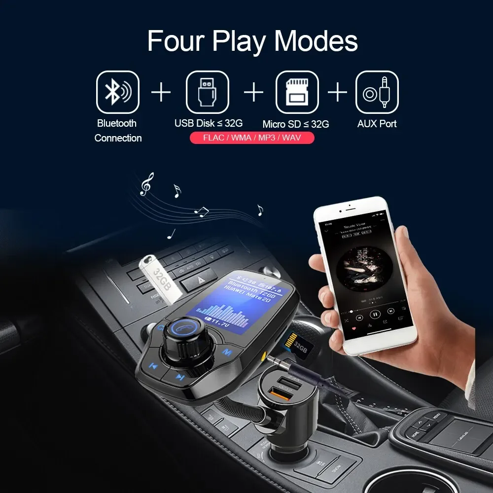 Car Bluetooth 5.0 FM Transmitter Hands Free Kit Lossless Music MP3 Player QC3.0 USB Fast Charger with 1.8 Inch Color Screen Supp