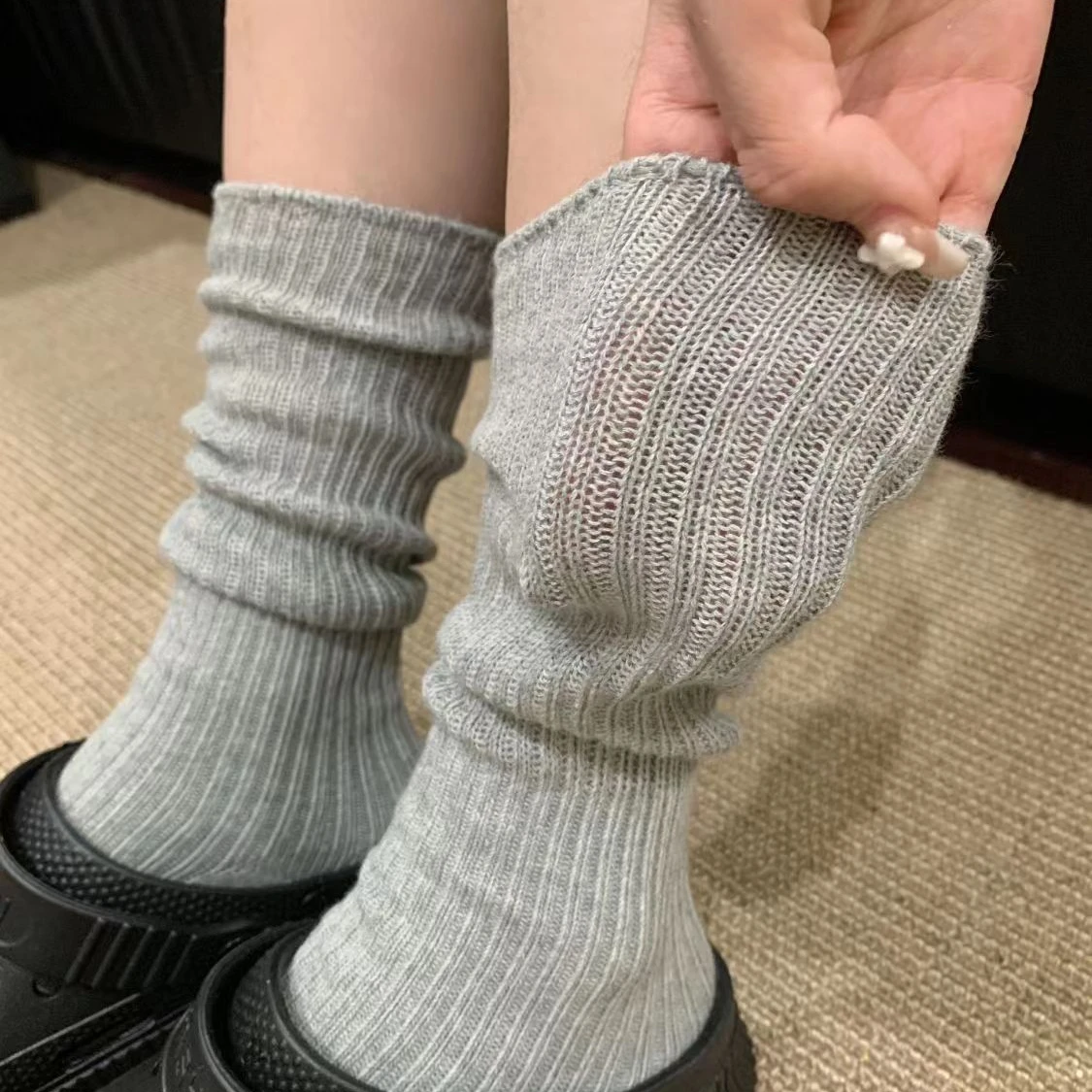 Long pile socks solid color knitted long socks forest style women's black and white gray lazy style versatile summer socks