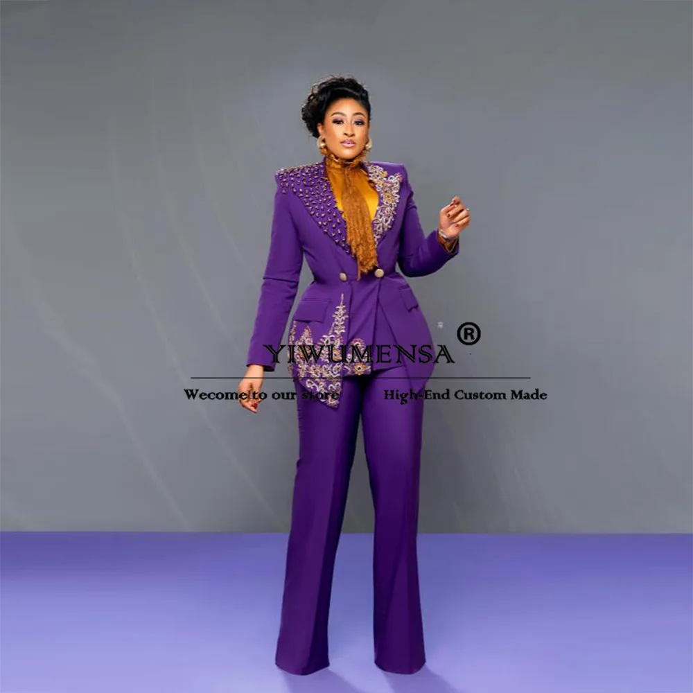 

Luxury Purple Women Suits Colorful Beading Crystals Jacket Pants 2 Pieces Bride's Mother Dresses Ladies Dinner Party Female Gown