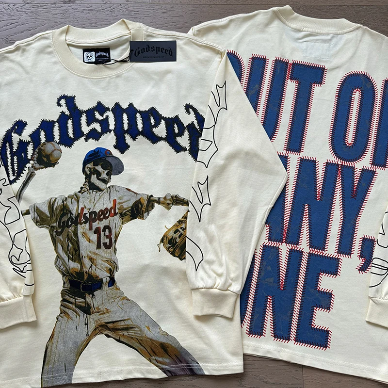 

New 2025 Godspeed Apricot Long-sleeved T-shirt High Street HipHop Trendy Brand Summer Casual Loose Skull Print Cotton